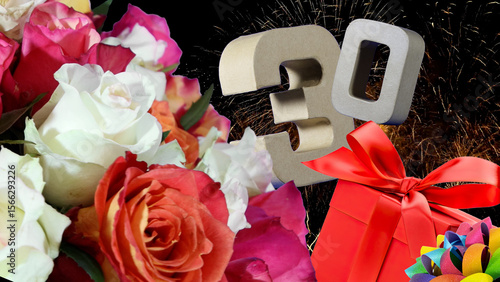 Birthday card  in numbers , roses, gift, fireworks light sky. Age is 30