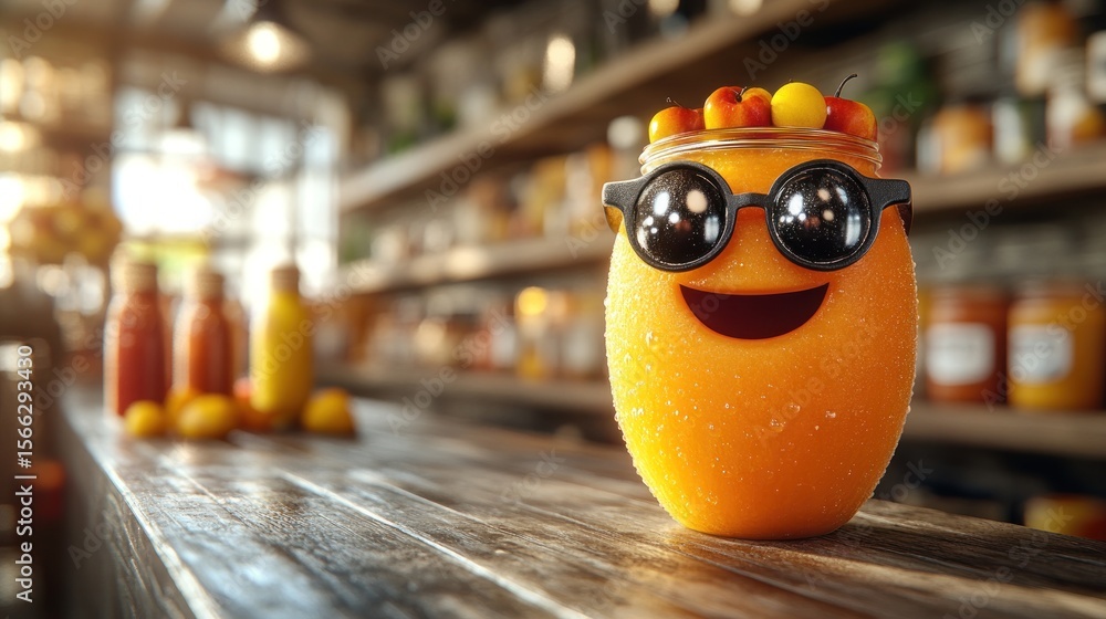 Obraz premium Happy orange juice jar with sunglasses on a bar counter in a cafe.