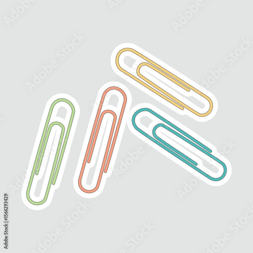 Colorful Paper Clips Vector Illustration Sticker. A vibrant vector illustration featuring four colorful paper clips in green, orange, yellow, and blue, arranged on a light gray background