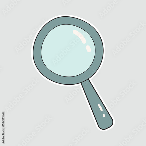 Magnifying Glass Vector Illustration Sticker. A detailed vector sticker of a magnifying glass with a light blue lens and grey handle, ideal for themes of exploration and discovery