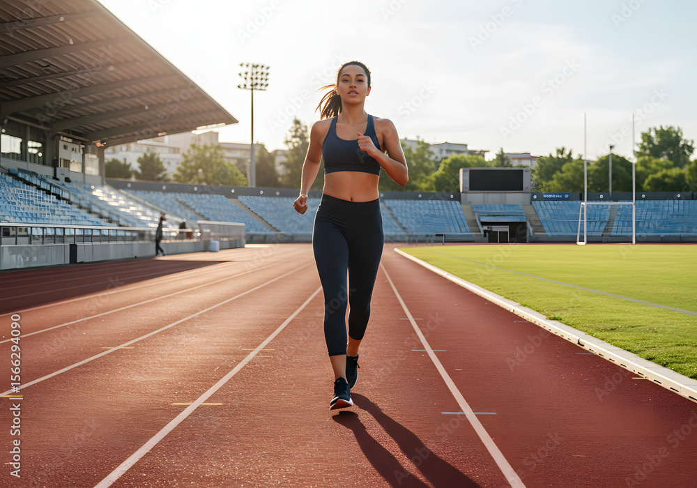 Fototapeta premium A woman runner in sportswear strides confidently on a stadium track.