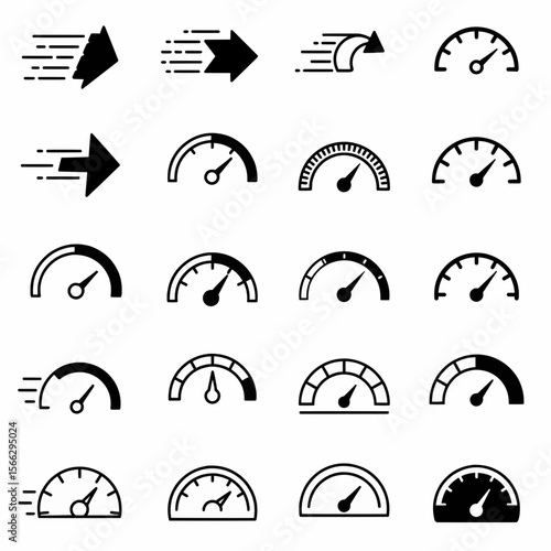 Collection of speedometers and directional arrows indicating motion and velocity in black and white style