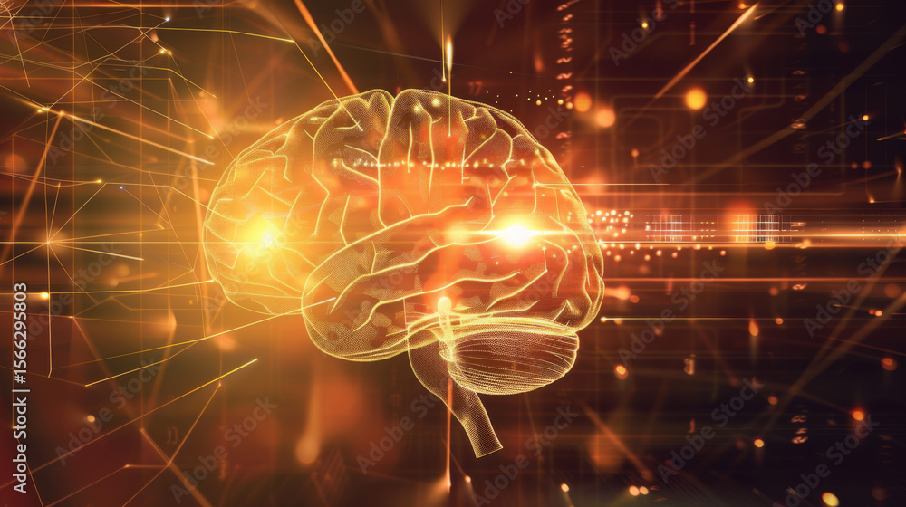 custom made wallpaper toronto digital holographic representation of a human brain with AI-enhanced neural pathways