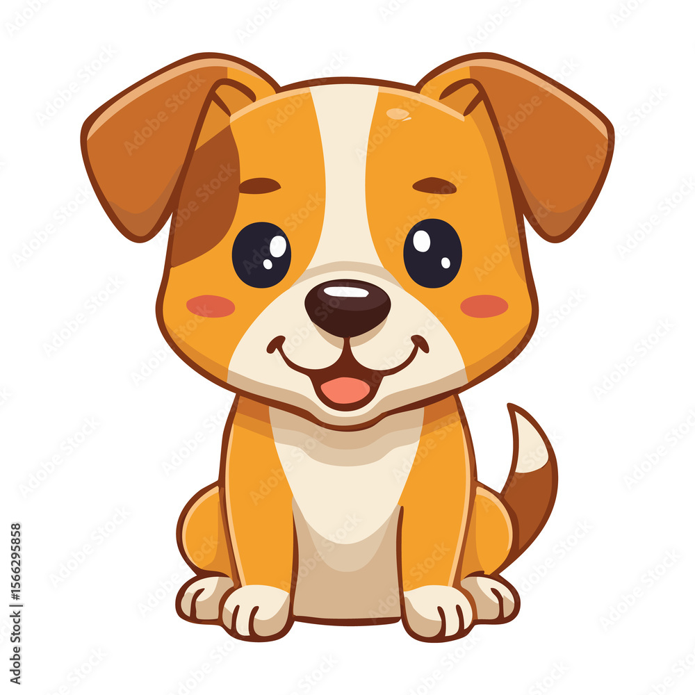 Fototapeta premium Happy cartoon puppy with orange and white fur sitting and smiling in a playful pose. PNG image, transparent background