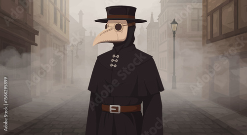 Plague Doctor in Foggy Medieval Street Illustration.