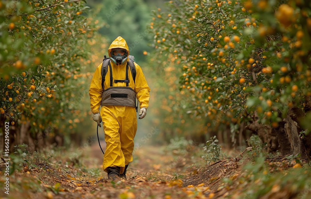 Naklejka premium A farmer wearing a safety gear is sprinkling insecticide on plants in an orchard.