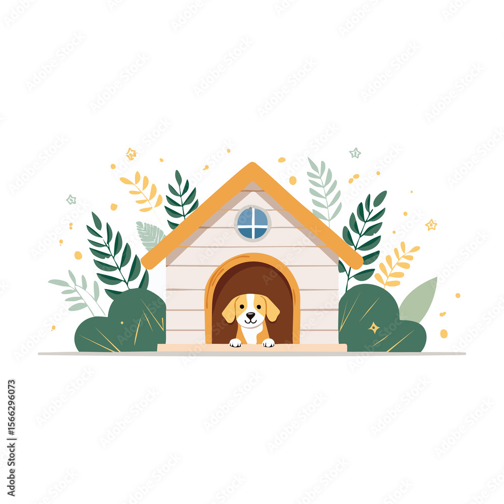 Naklejka premium Cute dog peeking out from a colorful doghouse surrounded by plants in a playful outdoor setting. PNG image, transparent background