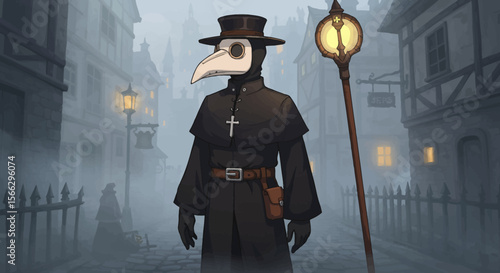Plague Doctor in Foggy Medieval Street with Glowing Staff.