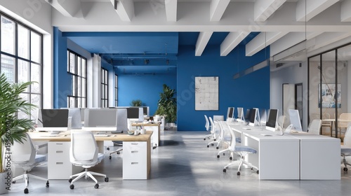 Modern office interior design bright workspace with blue walls and open plan layout