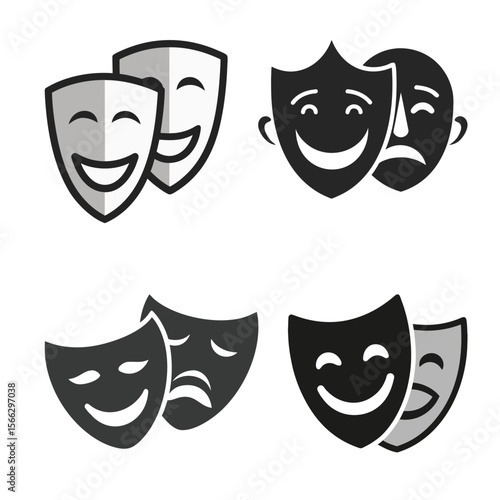 Masquerade Vector Icon – Classic Comic and Tragic Theater Mask Symbols on White Background