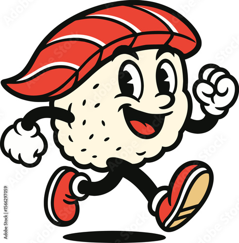 Energetic Cartoon Tuna Nigiri Sushi Mascot Running