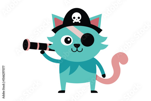 Whimsical pirate cat with an eyepatch and telescope ready for adventure