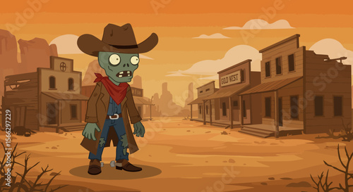Cartoon Zombie Cowboy in Desert Town Western Theme Digital Art.