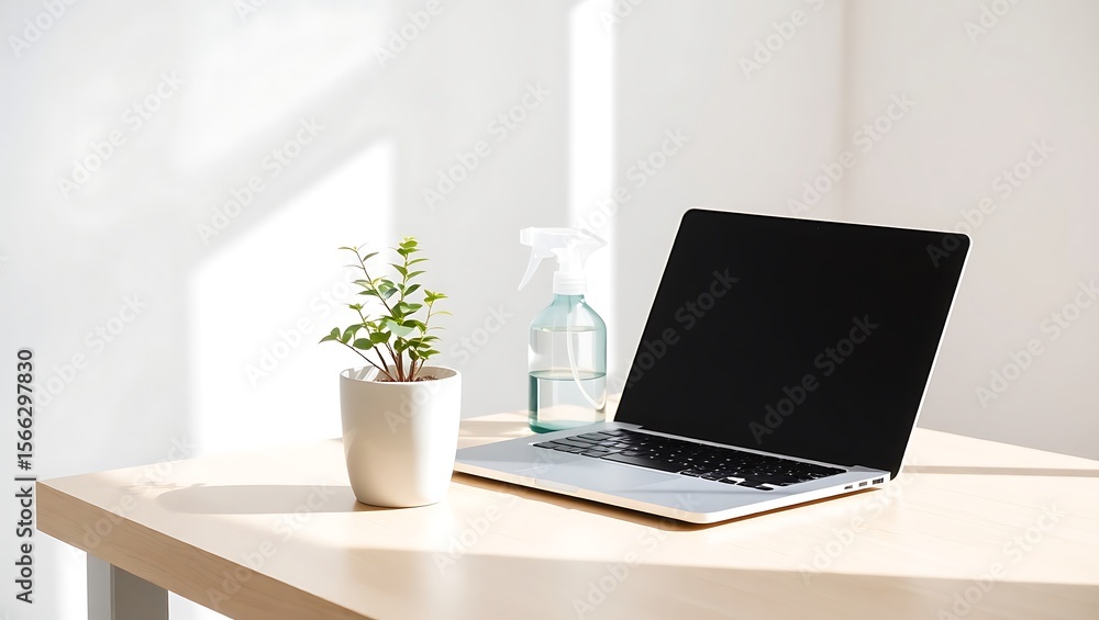 Minimalist Home Office with Green Plant and Laptop Minimalist Home Office with Green Plant and Laptop