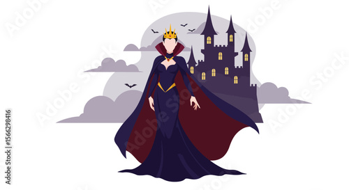 Evil Queen Silhouette with Castle Bats and Dramatic Cape Vector Illustration.