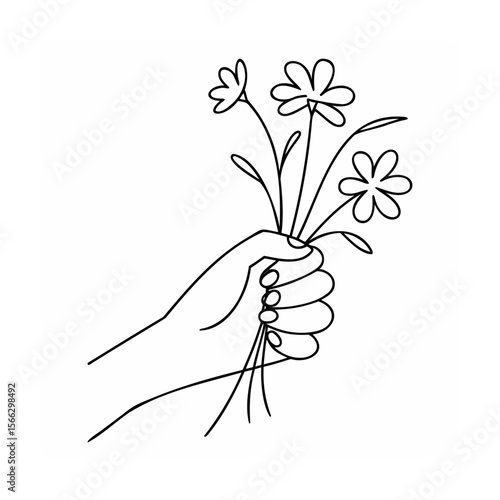 Hand holding a bouquet three simple line flowers on a handdrawn vector
