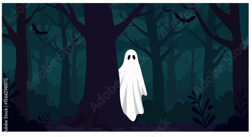 Ethereal Ghost in Enigmatic Forest: A Halloween Night Illustration.