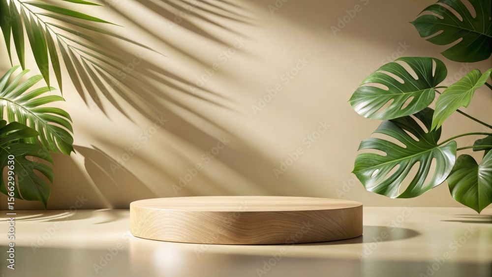 Elegant Wooden Display Podium with Tropical Leaves in Soft Beige Background Elegant Wooden Display Podium with Tropical Leaves in Soft Beige Background