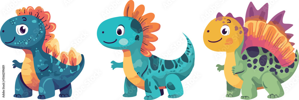 Naklejka premium Three Adorable Baby Dinosaurs Standing Together on a White Background Illustration