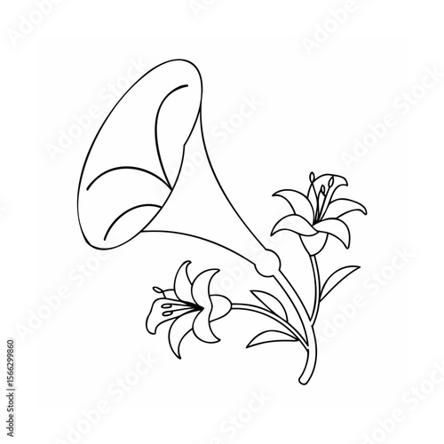 Handdrawn a gramophone with lily flowers in outline on phonograph music