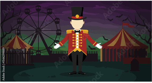 Eerie Carnival Ringmaster: A Faceless Figure in a Crimson Coat Welcomes You to a Spooky Night at the Fair.