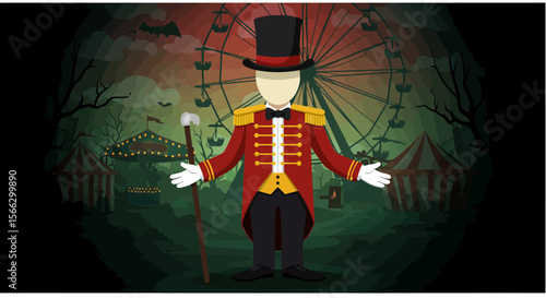 Faceless Ringmaster Welcomes to Spooky Carnival with Ferris Wheel and Bats.