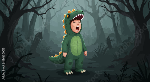 Screaming Child in Dinosaur Costume in Spooky Forest Halloween Illustration.