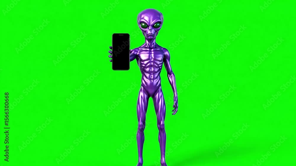 Alien Holding Smartphone on Green Screen, Futuristic Communication Concept for Media Production