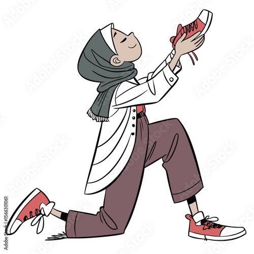 Young woman in hijab kneeling, holding a red shoe