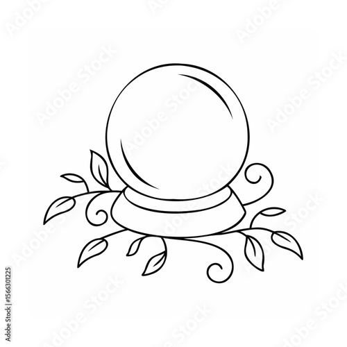 Handdrawn a crystal ball with leaves swirls on a fortune telling