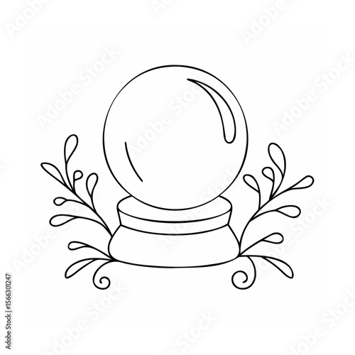 Line art crystal ball with decorative floral elements on handdrawn sphere divination