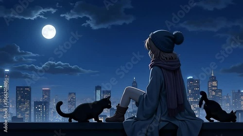 Anime-style lofi animation of nighttime city view with person and two cats on rooftop ledge, peaceful ambient 4K loop