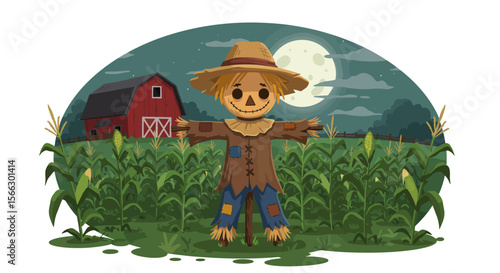 Whimsical Scarecrow in Cornfield Under Moonlight Autumn Farm Scene.