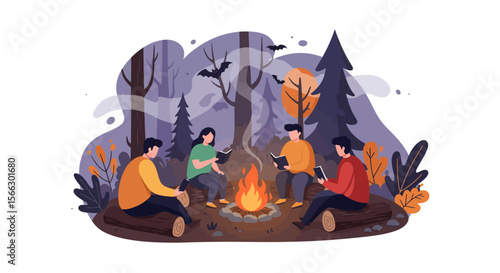 Enchanting Autumn Campfire: Friends Gather Round Reading by Firelight Under Bats Flight.