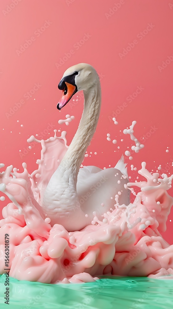 Fototapeta premium Surreal swan emerging from vibrant pink and mint-colored liquid splashes