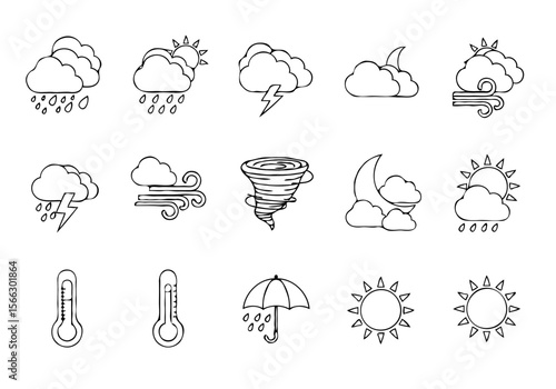 Collection of hand drawn weather icons including rain clouds sun lightning and tornado