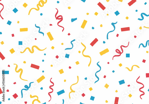 Festive confetti and streamers seamless pattern in primary colors