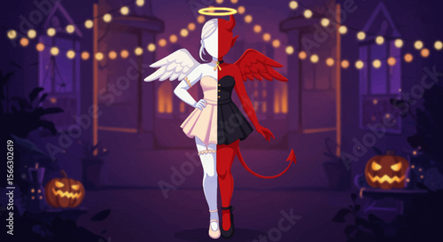 Dual Nature: Angel and Demon in Halloween Nightwear.