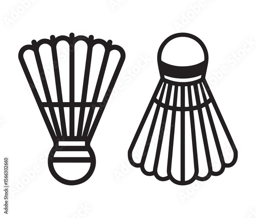 Badminton shuttlecock outline and solid silhouettes. Badminton racket and shuttlecock isolated.