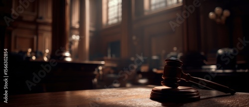 Wooden gavel in dimly lit courtroom law justice legal concept