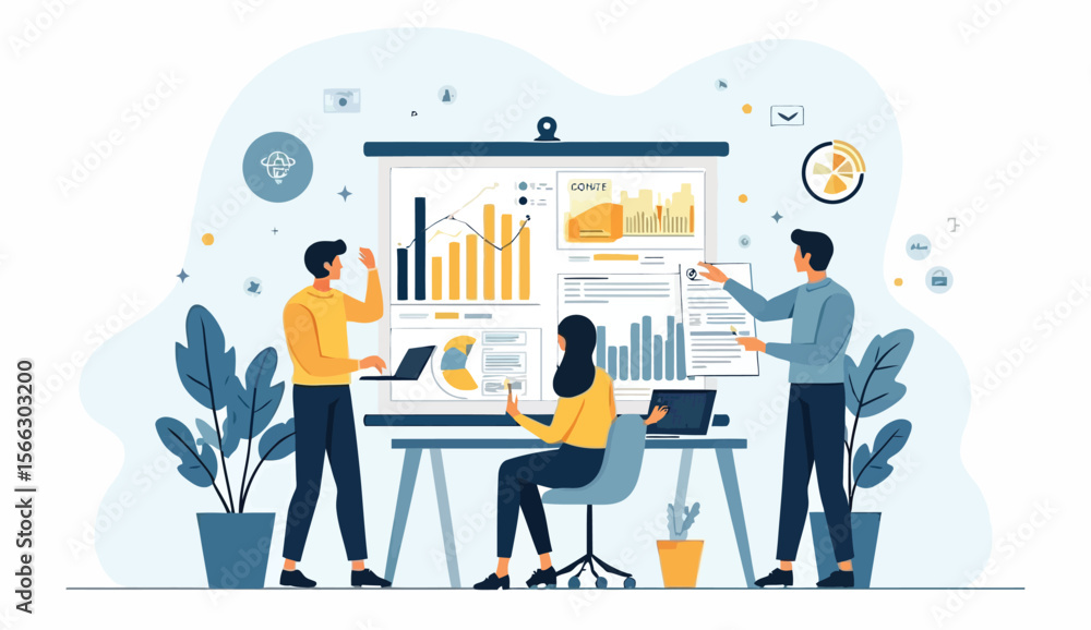 Team Analyzing Data and Charts on Presentation Board in Modern Office Setting
