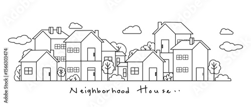 Neighborhood house, Street building, real estate architecture, apartment line art. Facade house in country cityscape illustration.