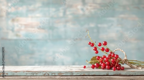 Clusters of red currants with bright red color and glossy surface on a rustic wooden table, highlighted by natural light.