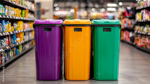 Three colorful recycling bins (purple, orange, green) aligned in a store aisle, promoting waste segregation and environmental responsibility.
