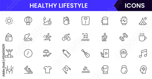 Healthy and lifestyle vector web line icon collection, sleek illustrations of fitness, travel, EV living, and wellness for vibrant, modern designs.
