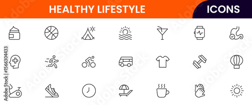 Healthy and lifestyle vector web line icon collection, sleek illustrations of fitness, travel, EV living, and wellness for vibrant, modern designs.