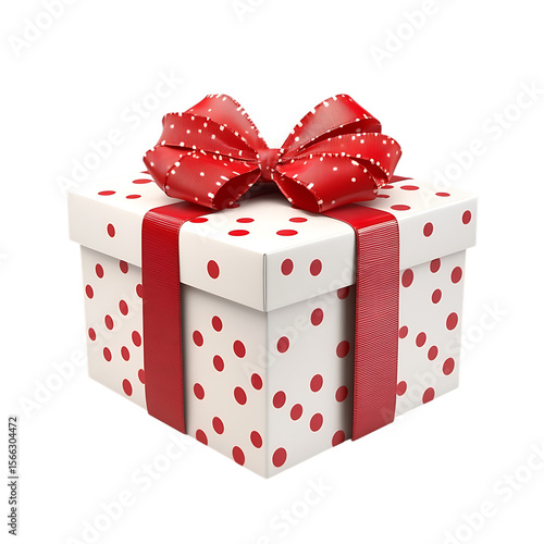 A present with red polka dots and ribbon on top
