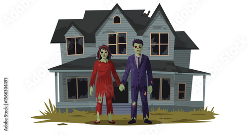 Zombie Couple Holding Hands in Front of Haunted House Halloween Illustration.