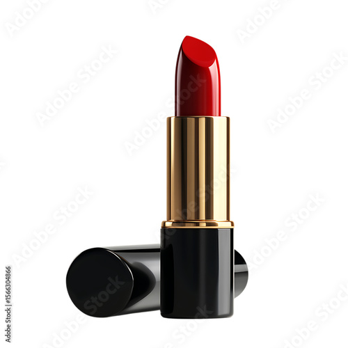 A red lipstick with gold and black packaging on black