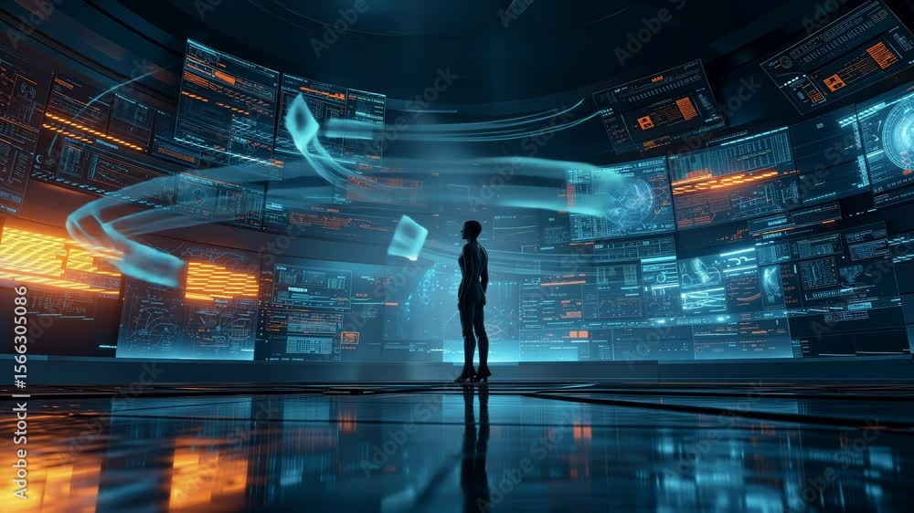 Futuristic Data Command Center with AI Holographic Interface and Analytics Screens